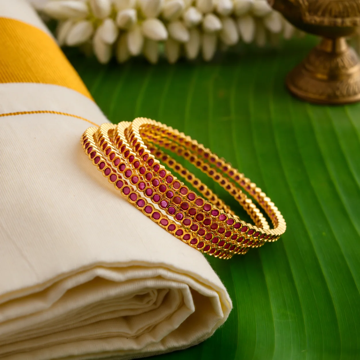 Four gold-tone bangles with round ruby-coloured accents arranged beside cream fabric on a green leaf